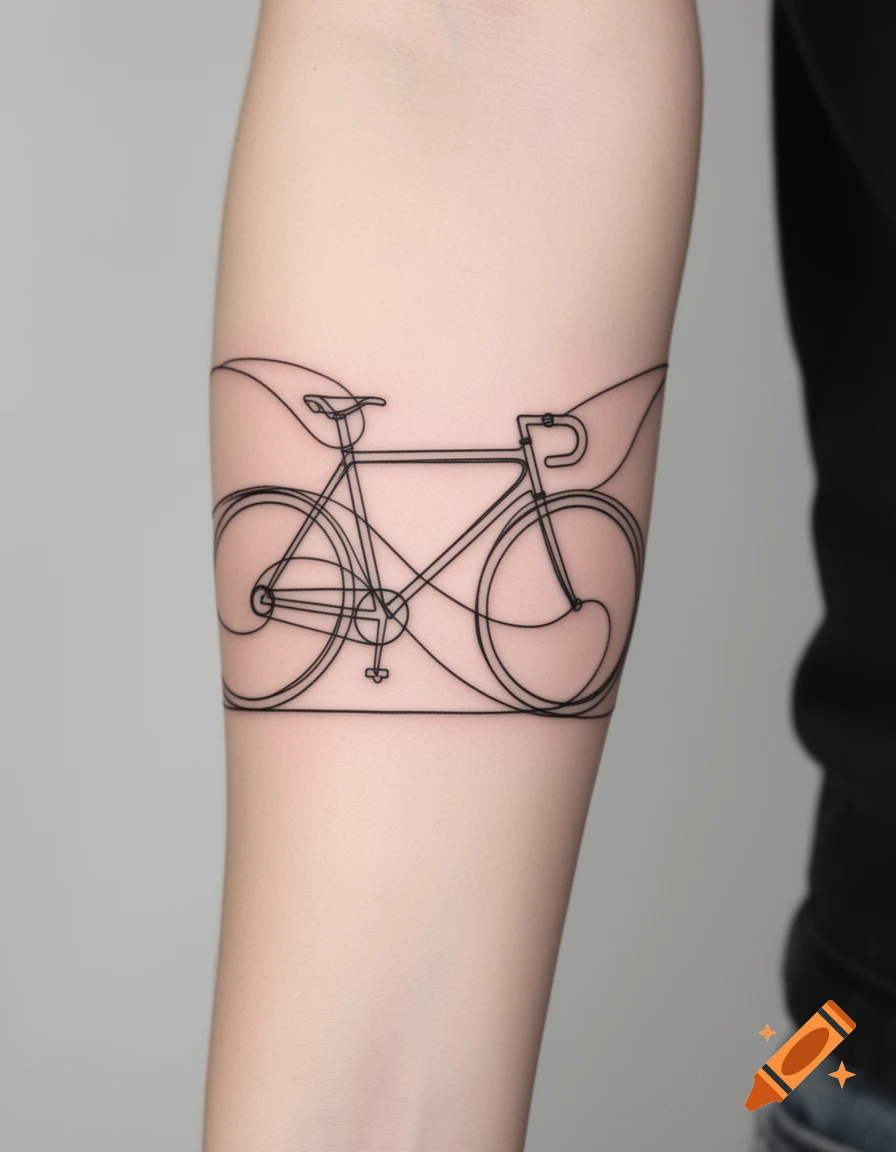 A minimalist line art tattoo of a bicycle on a person's arm.