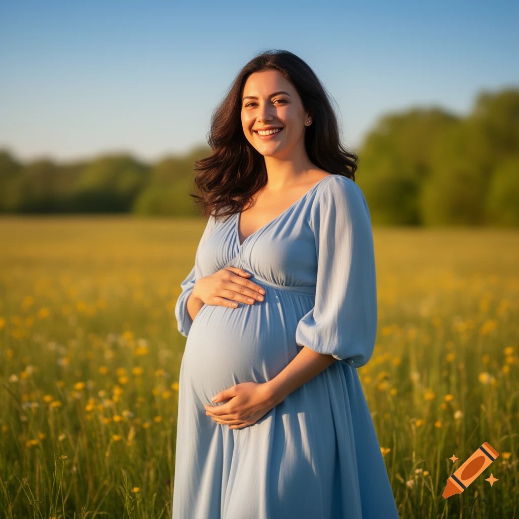 Smiling pregnant woman in a light blue dress standing in a sunny field of yellow flowers, hands resting on her belly.