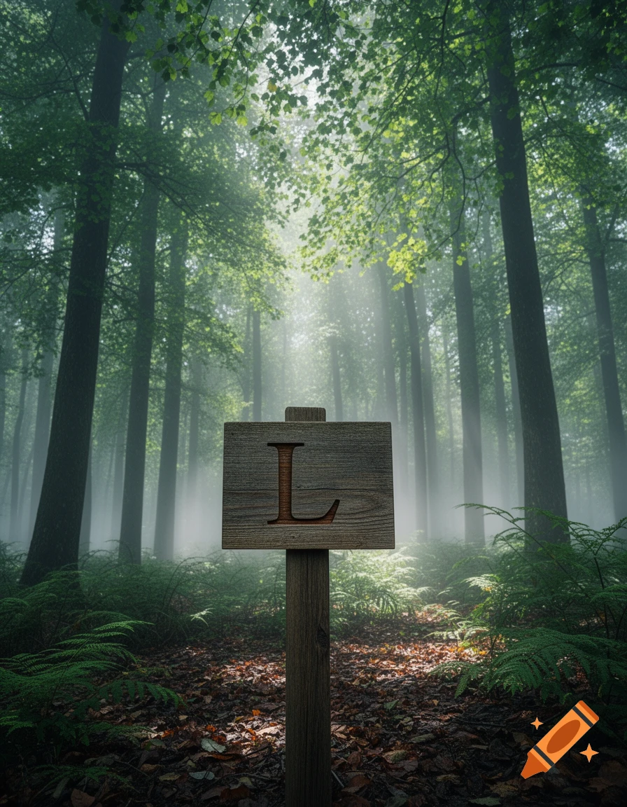 Photorealistic image of a wooden sign with the letter L in a misty forest with sun rays filtering through the trees.