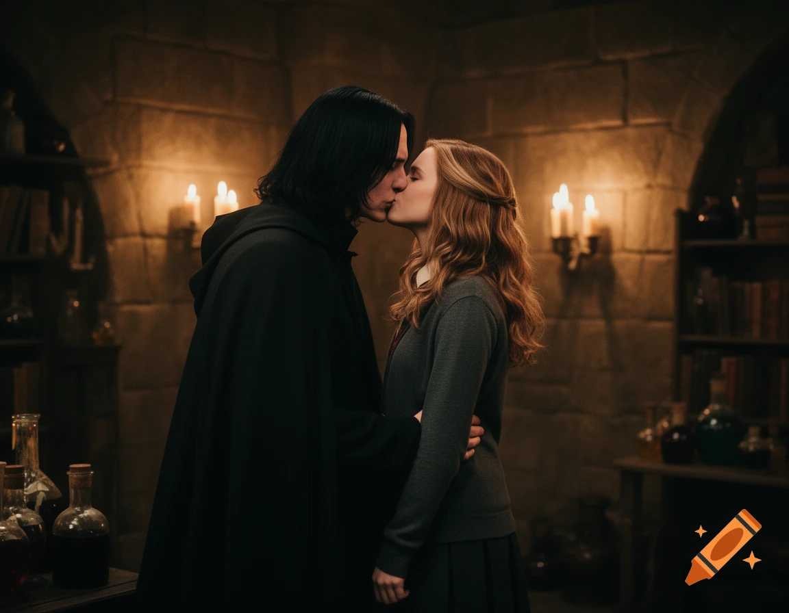 Snape and Hermione kiss in a dimly lit stone room, surrounded by candles, books, and potion bottles.