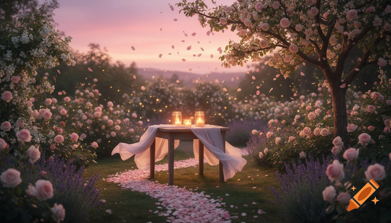 Romantic garden at sunset with a candle-lit table, scattered rose petals, blooming flowers, and a pink-violet sky, in a dreamy, soft focus style.