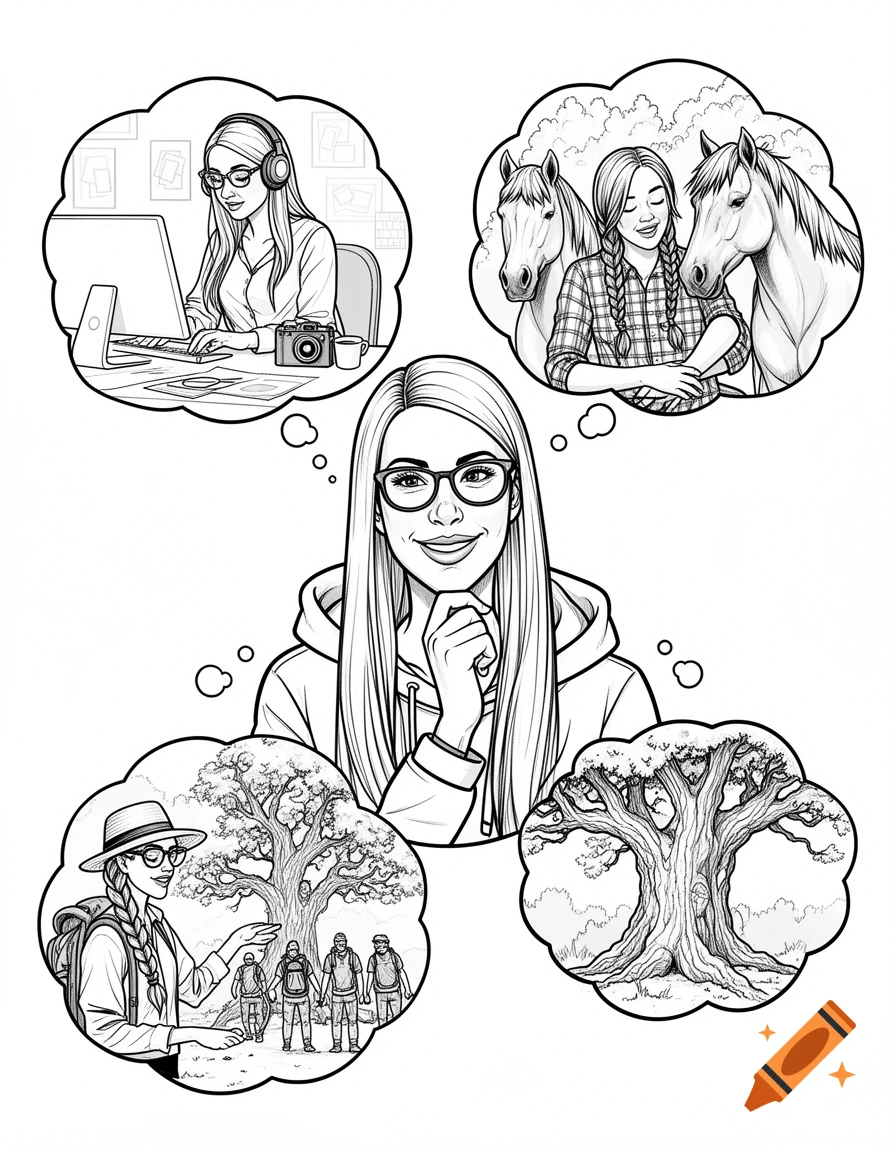 A black and white comic illustration of a woman contemplating different versions of herself in thought bubbles: working creatively, with horses, and as a nature guide.