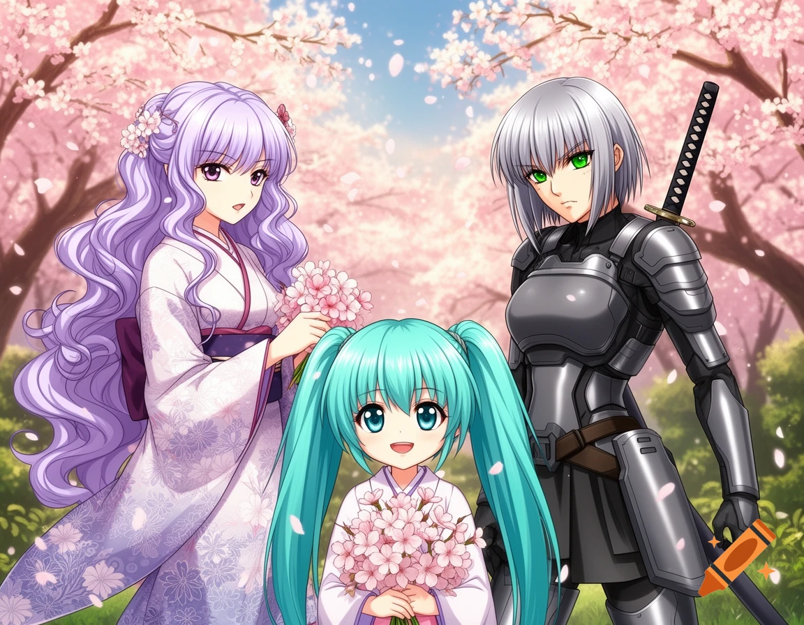 A group of anime characters under cherry blossom trees: a woman in a kimono, a girl with twin tails, and a woman in armor with a katana.