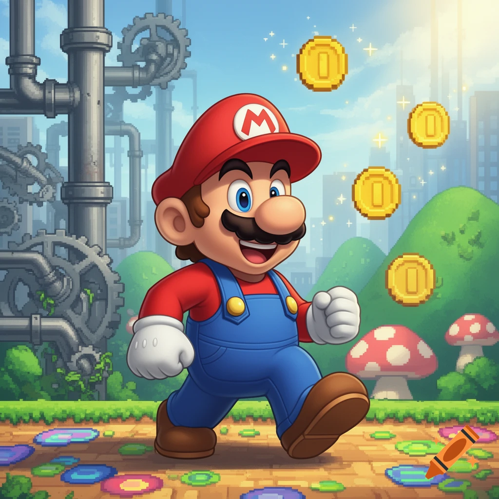 Super Mario runs through a vibrant pixelated landscape with pipes, gears, mushrooms, and floating golden coins under a blue sky.