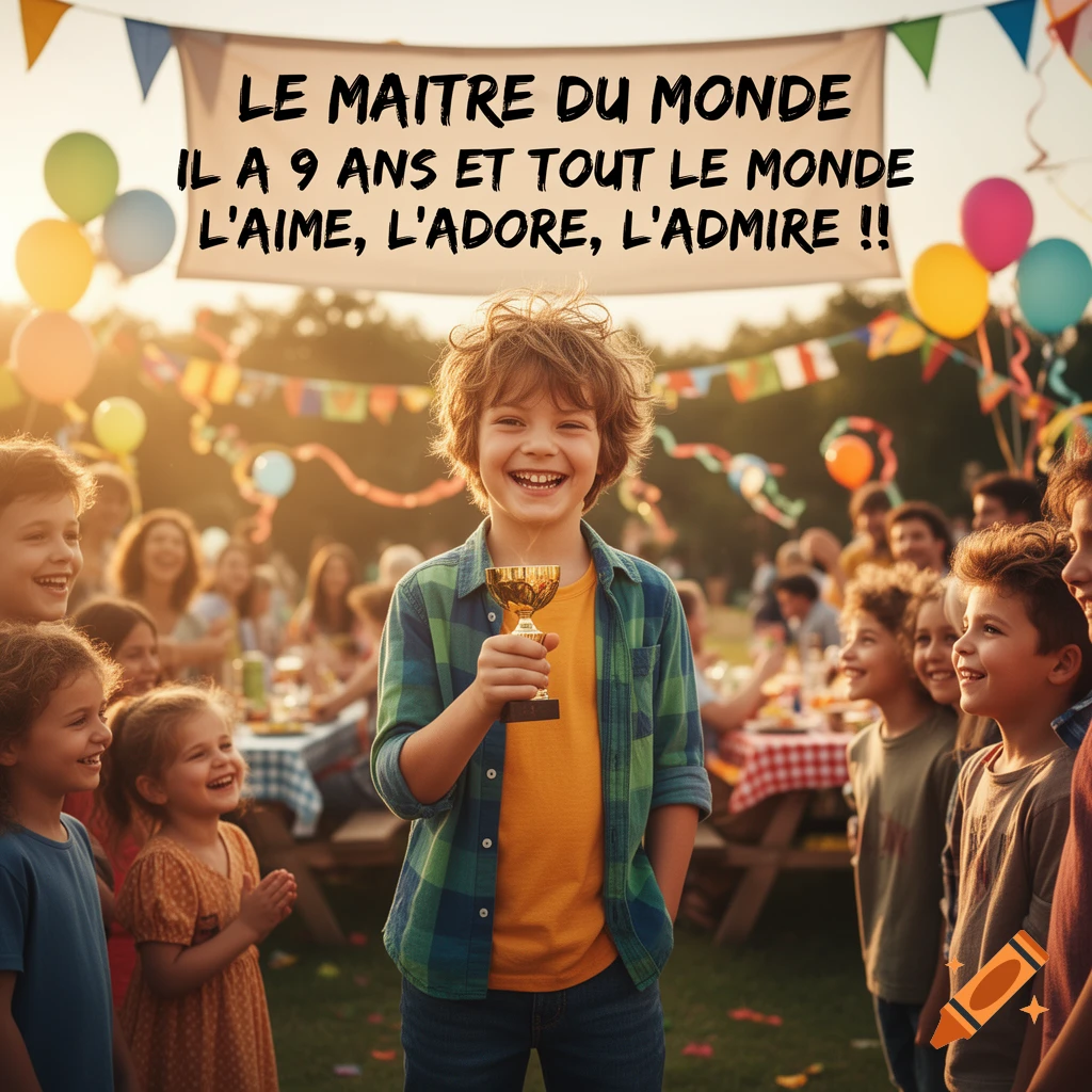 A smiling boy holding a golden trophy stands at the center of a lively outdoor party, surrounded by other laughing children and adults, with a banner above them. Photorealistic style.