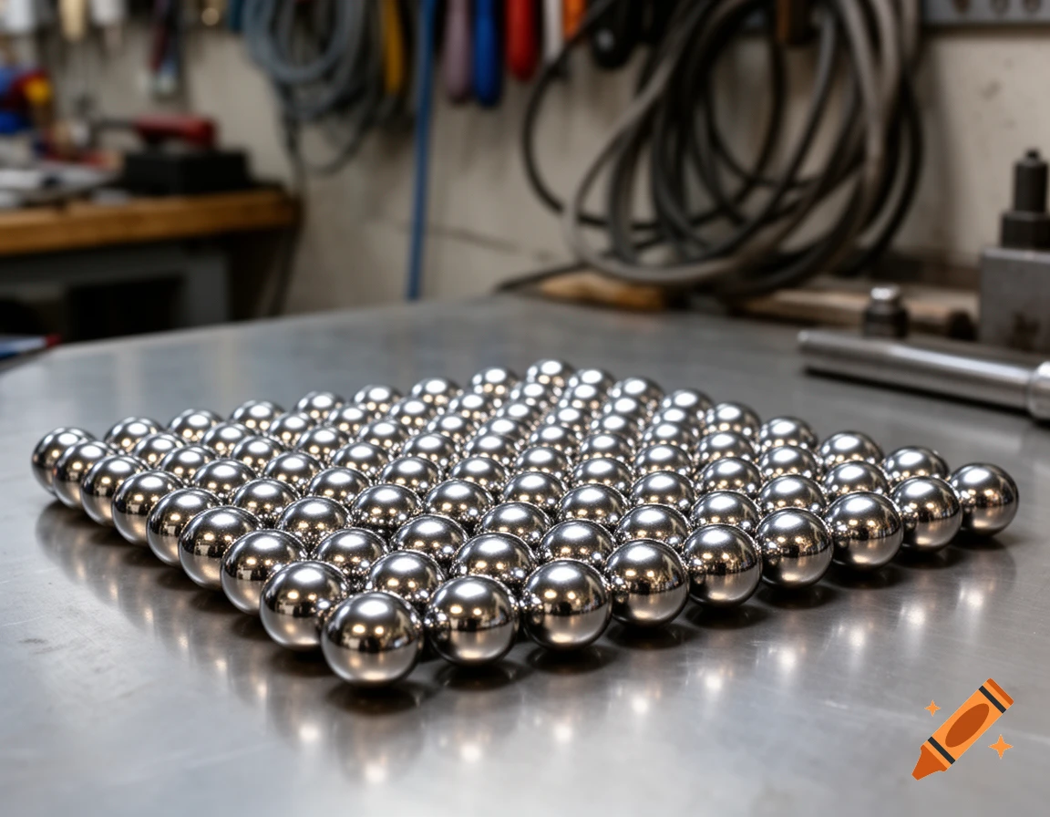 Numerous shiny chrome steel balls neatly arranged on a metallic surface in a workshop setting, photorealistic.
