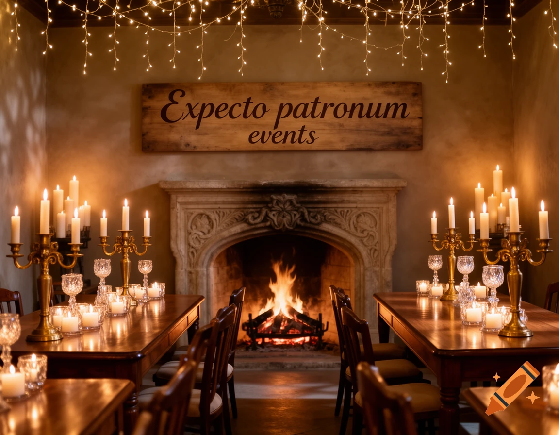 Warm event space with a stone fireplace, long tables, lit candles in candelabras, and string lights. A sign above reads 'Expecto patronum events'.