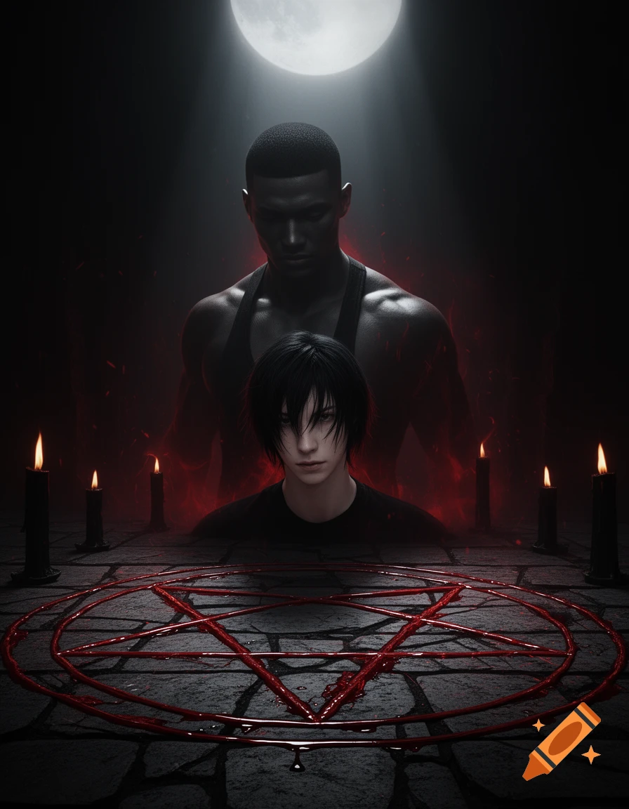 A dark, moonlit scene with a muscular man behind a dark-haired man, an inverted pentagram in blood, and black candles.
