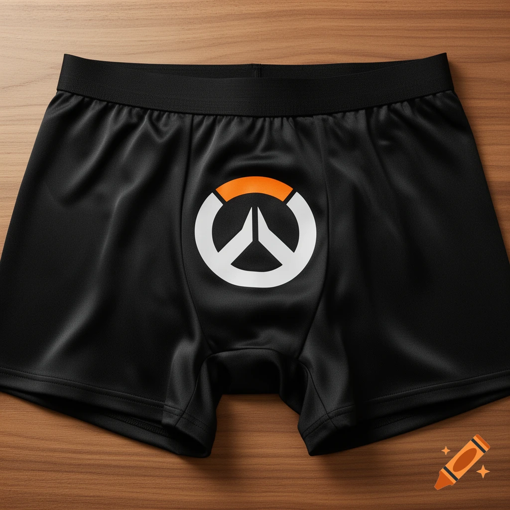 Black boxer briefs with a prominent white and orange Overwatch logo centered on the front, resting on a wooden surface.