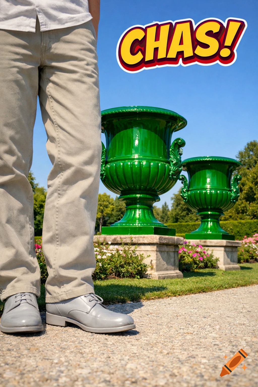 A person in light pants and grey shoes stands on a gravel path next to large green urns in a sunny park, with 'CHAS!' in a speech bubble above.