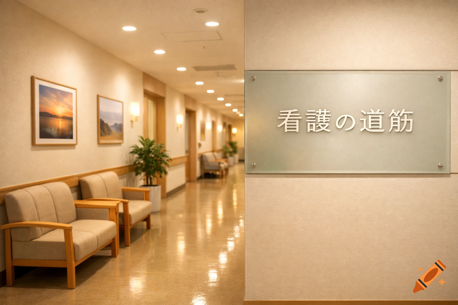 Well-lit hallway with seating and nature paintings, featuring a sign with Japanese text, in a modern healthcare facility.