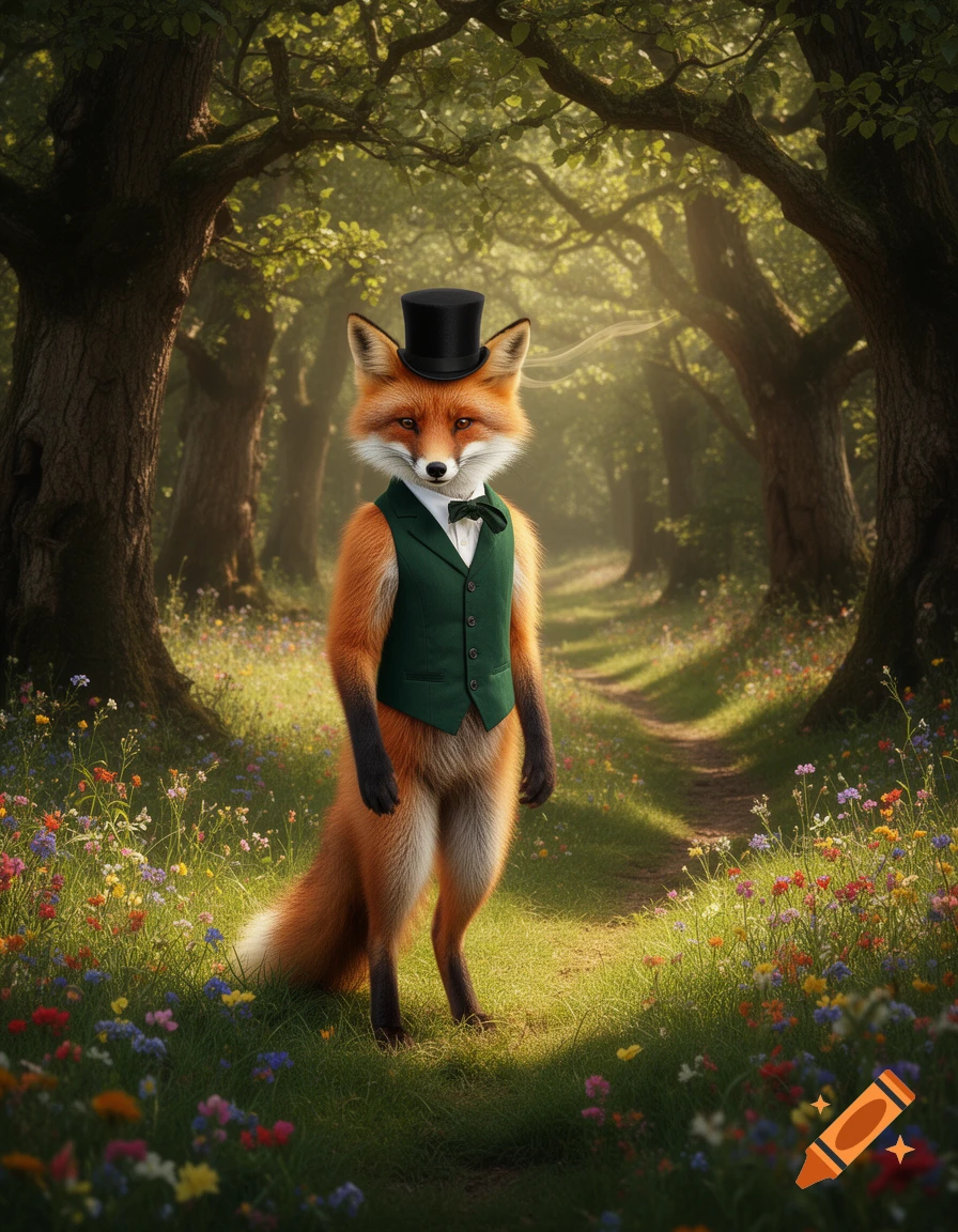 A dapper anthropomorphic fox in a green vest and top hat stands on a forest path surrounded by wildflowers.
