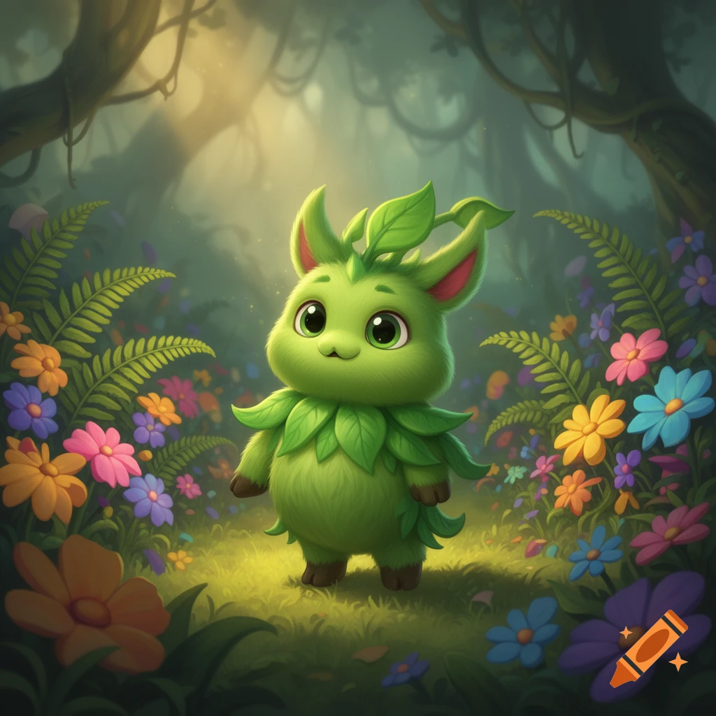 A cute, green, fluffy fantasy creature resembling a Furcorn, adorned with leaves, stands in a vibrant, sunlit forest among colorful flowers.