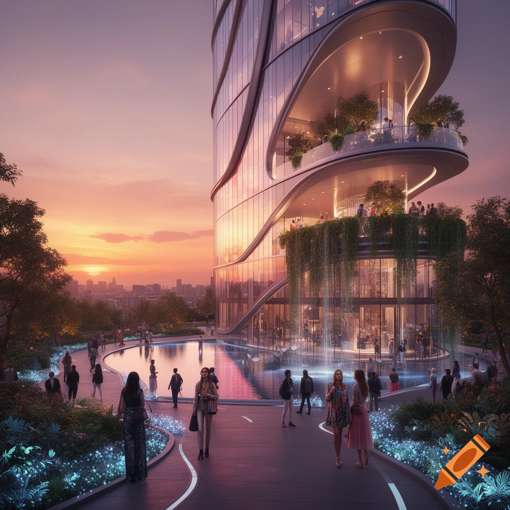 A modern, curvy skyscraper with green balconies and a waterfall feature, surrounded by people walking during sunset.