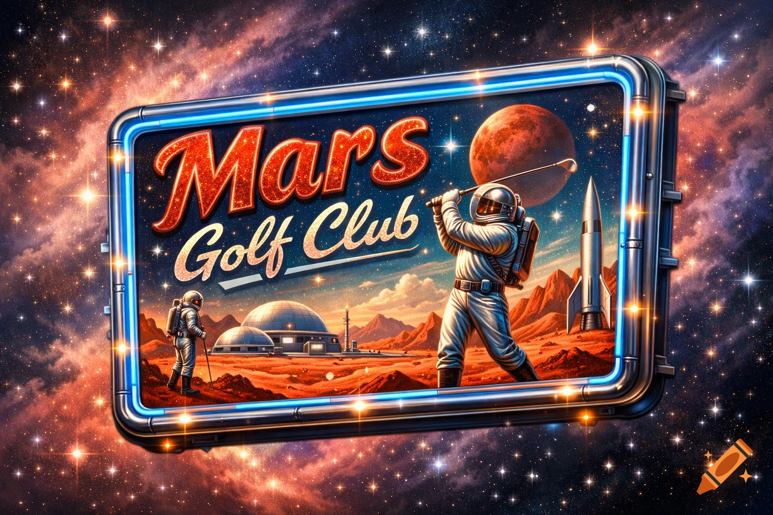 Retro-futuristic sign for 'Mars Golf Club' with astronauts playing golf on Mars, against a starry cosmic background.