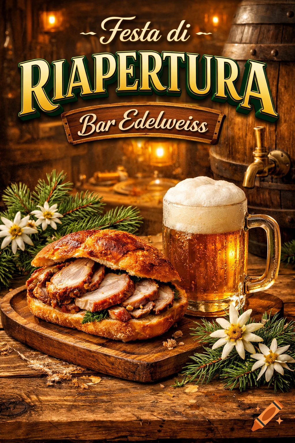 A photorealistic poster for Bar Edelweiss's re-opening, featuring a porchetta sandwich, a foamy beer mug, pine branches, and edelweiss flowers on a wooden table.