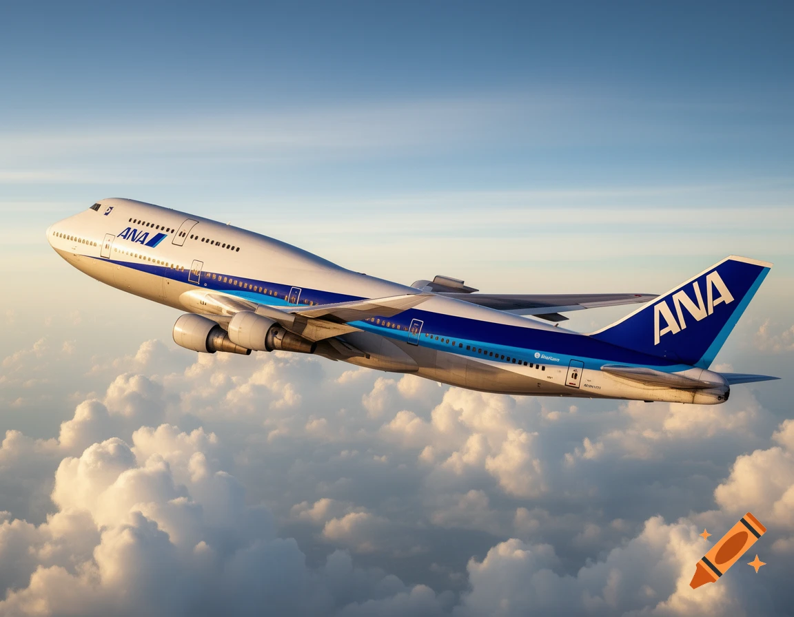 A white and blue ANA Boeing 747 airplane takes off, flying over a layer of fluffy white clouds under a clear blue sky.