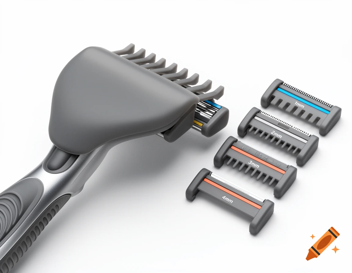 A close-up studio shot of a grey and silver razor with an attached comb guard, next to four interchangeable guards labeled 1mm, 2mm, 3mm, and 4mm on a white background.