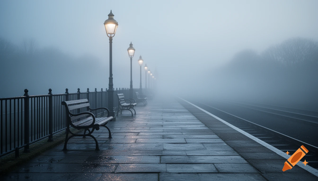 A misty train station platform with glowing lampposts, empty benches, and railway tracks disappearing into the fog. Photorealistic.