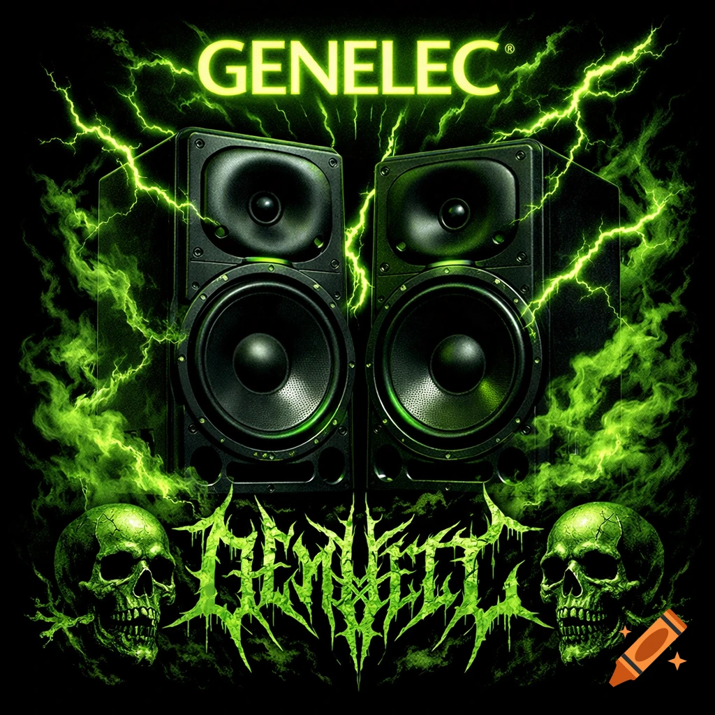 Two black studio monitor speakers with neon green glowing edges, surrounded by green lightning and smoke. 'GENELEC' text glows above, with a jagged gothic 'GENELEC' and green skulls below, all on a black background.