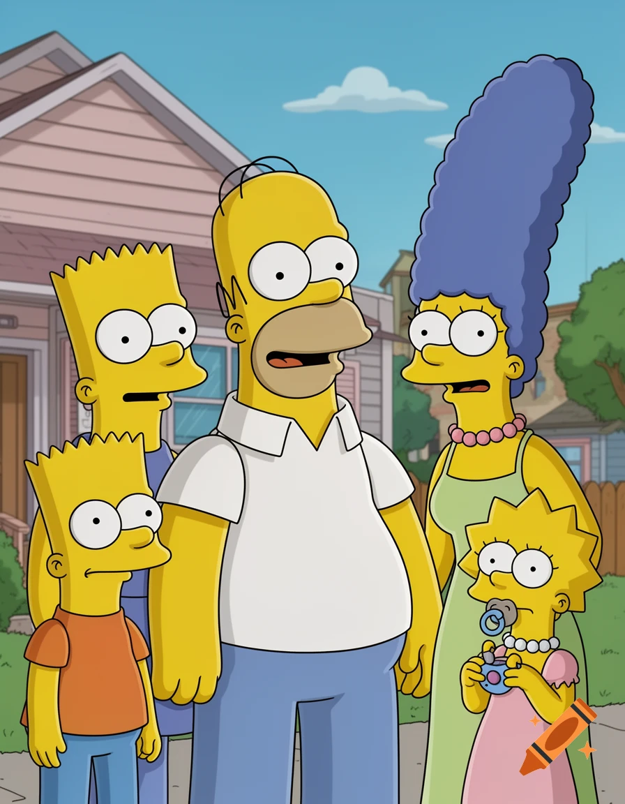 The Simpson family, including Homer, Marge, Bart, Lisa, and another boy, stand outside their house in a vibrant cartoon style.