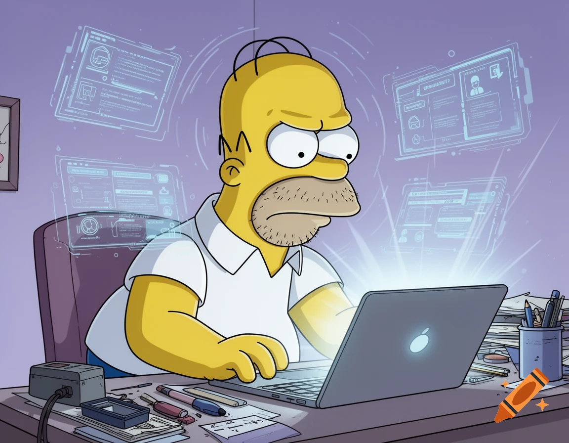 Homer Simpson intently looks at a glowing laptop screen at a desk with floating holographic data in a cartoon style.