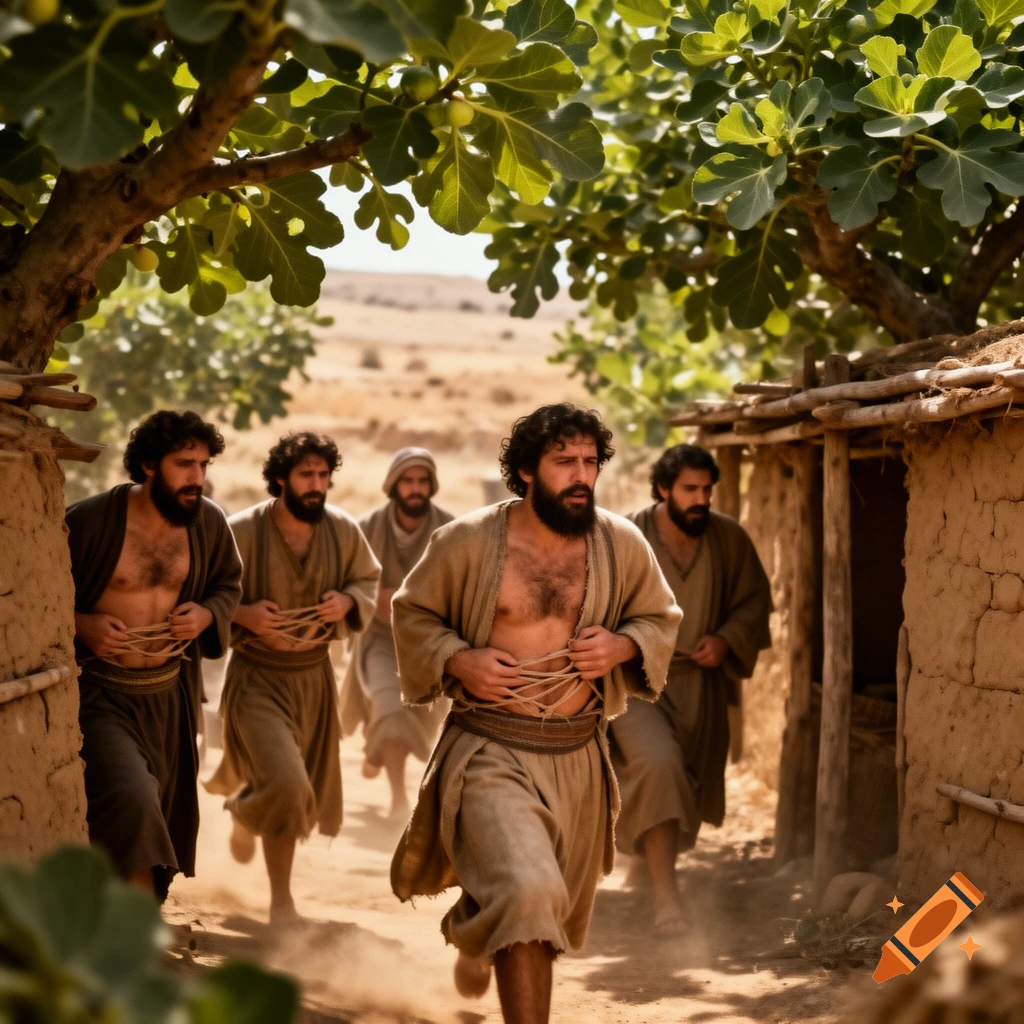 Several bearded men in ancient robes run along a dusty path between adobe houses and fig trees in a sunlit desert setting.