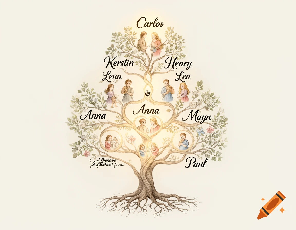 A whimsical illustrated family tree with names like Carlos, Kerstin, Henry, Lena, Anna, Maya, and Paul displayed on branches and roots.