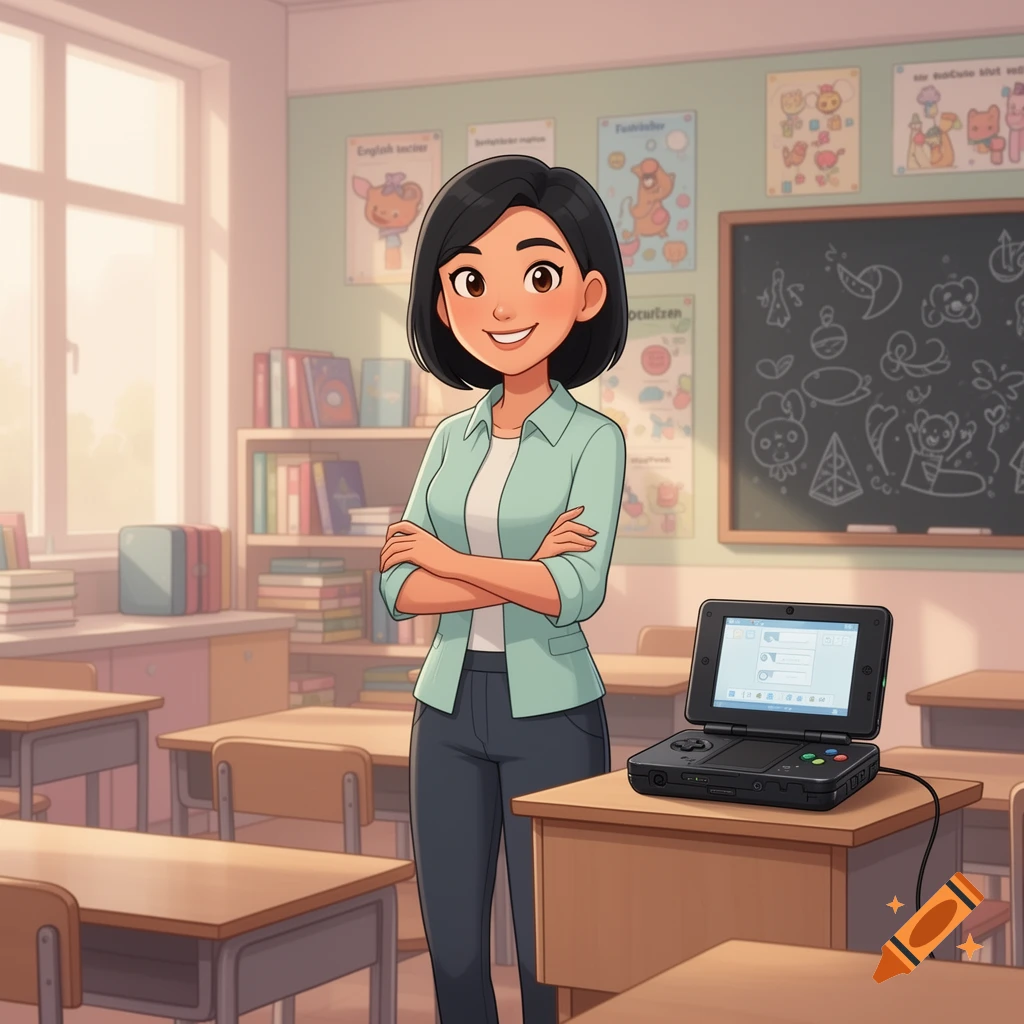A cartoon female teacher with short black hair stands smiling in a bright classroom with a handheld gaming device on a desk.