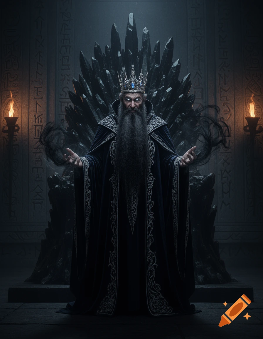 A dark fantasy king with a long beard and crown sits on a throne of dark crystals in a dimly lit, ancient chamber.