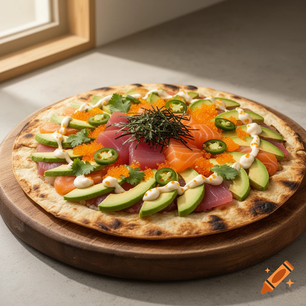 A photorealistic sushi pizza topped with raw tuna, salmon, avocado, orange roe, jalape ja os, and white sauce, on a wooden board.