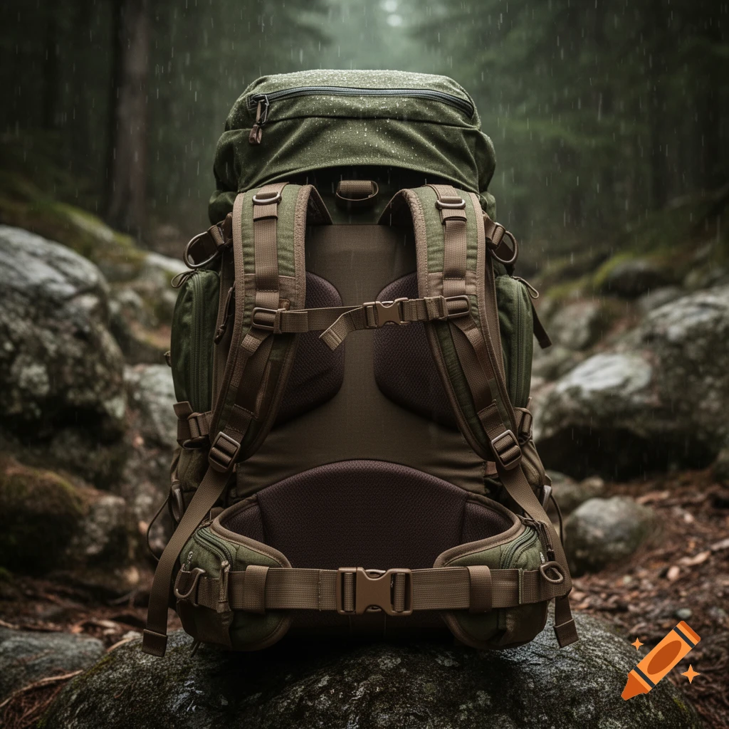 A green hiking backpack with chest and waist straps rests on a wet rock in a rainy forest, photorealistic style.