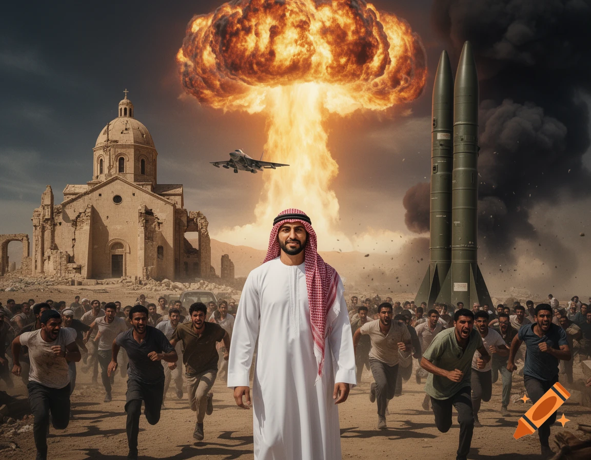 A man in Arab attire stands calmly as a crowd flees a nuclear explosion, fighter jet, missiles, and a ruined church.