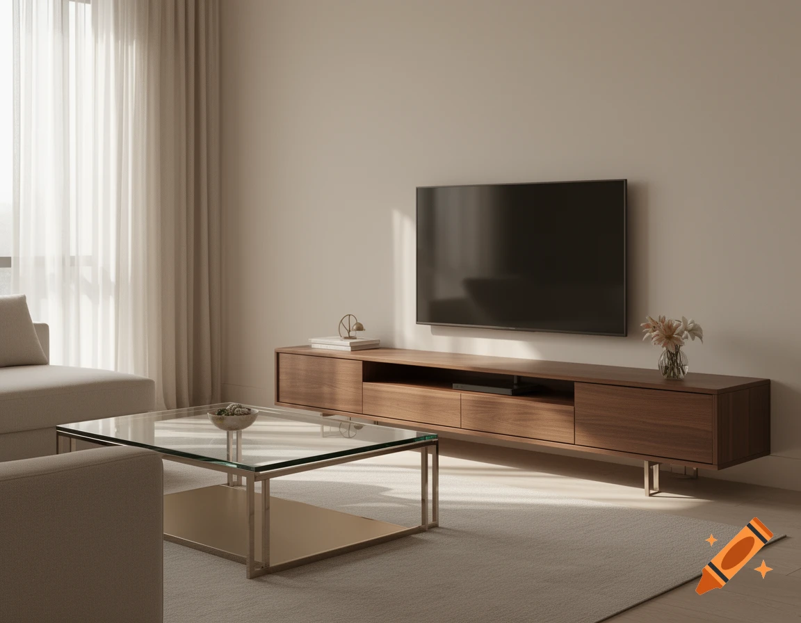 A modern living room with a large wall-mounted TV above a wooden media console, and a glass coffee table on a light rug.