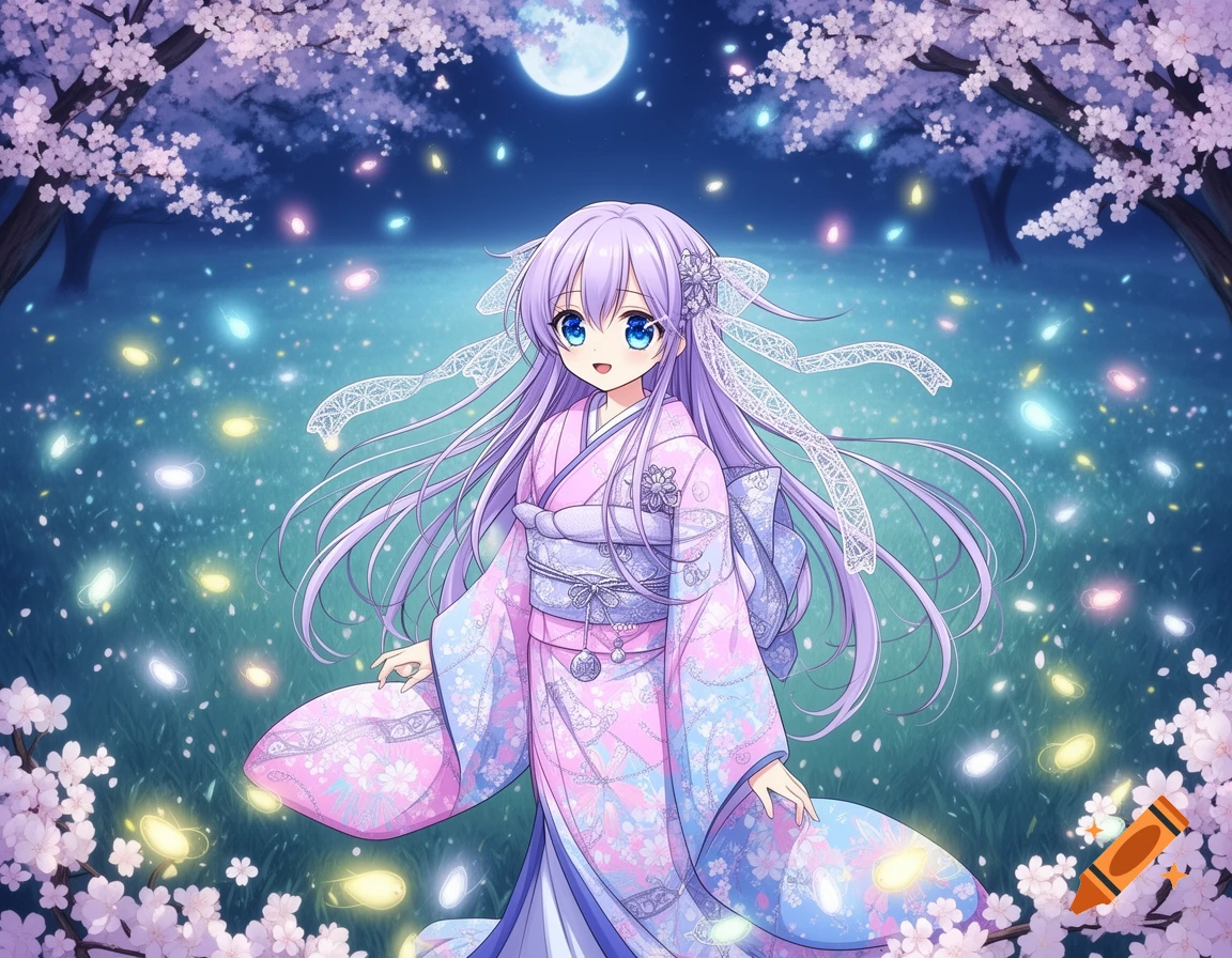 An anime girl with long lavender hair and blue eyes, wearing a pink and blue kimono, stands under a full moon and glowing cherry blossoms at night.