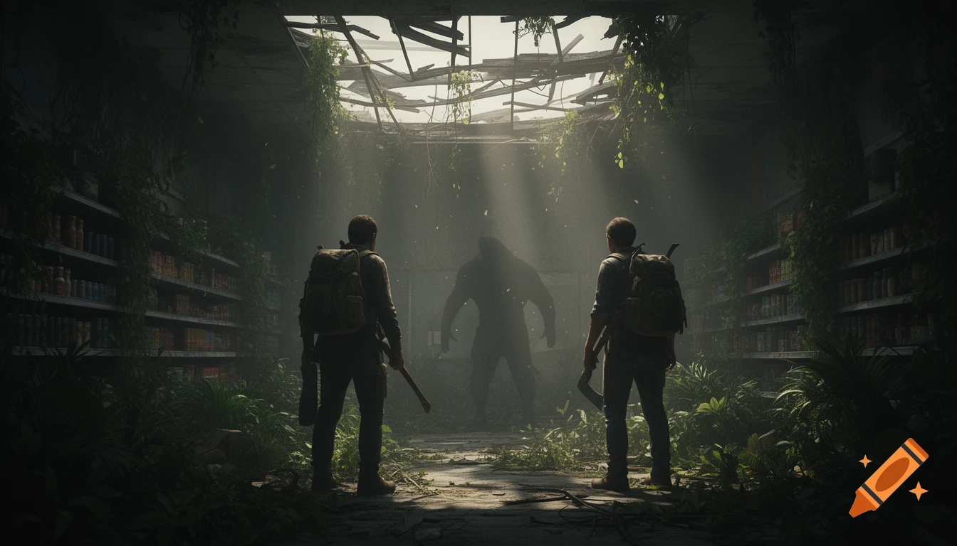 Two survivors with backpacks and axes face a shadowy monster in a dark, overgrown abandoned supermarket with light streaming from a collapsed roof.