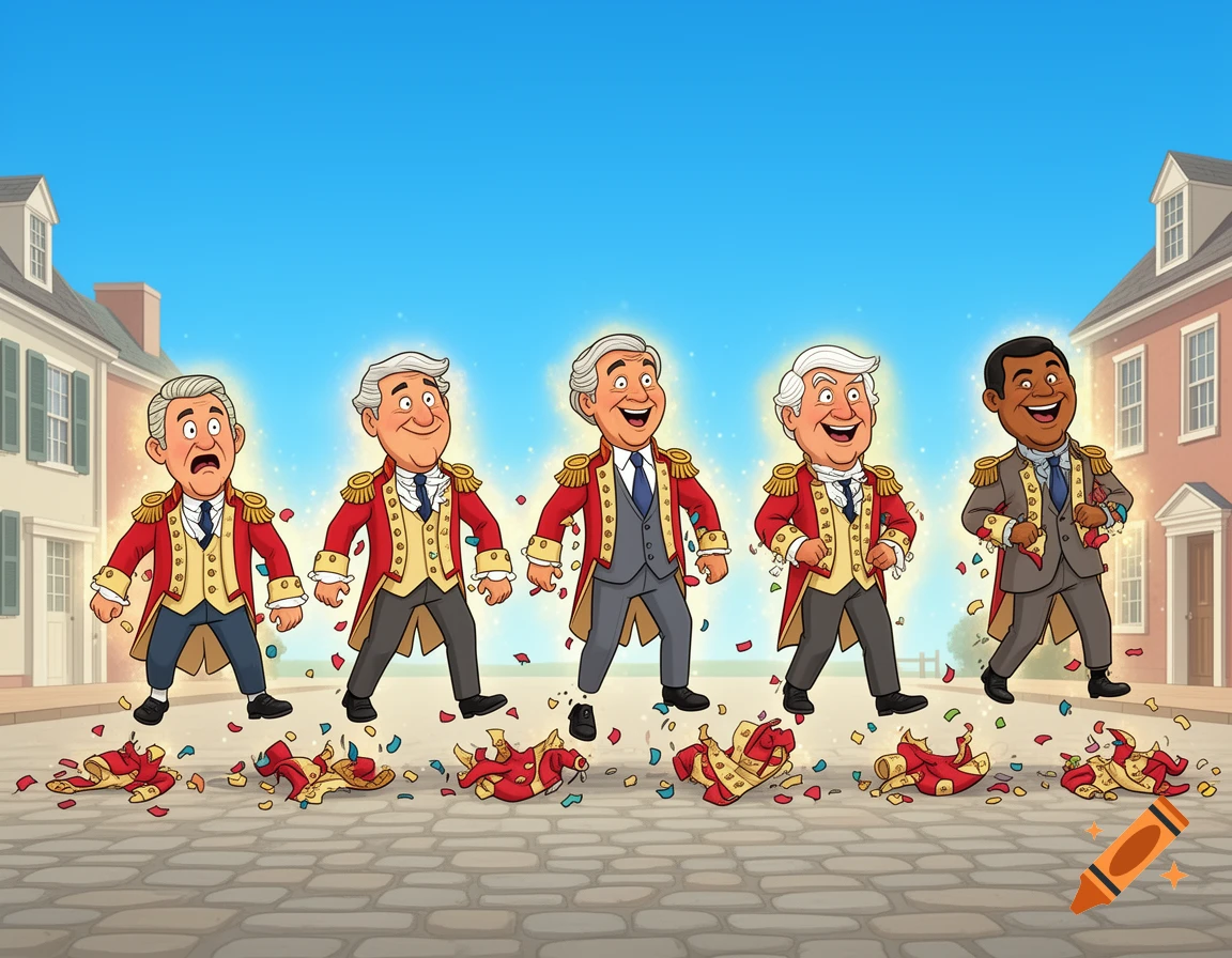 Cartoon of five men resembling former presidents shedding red British-style coats to reveal suits, with confetti falling, on a cobblestone street.