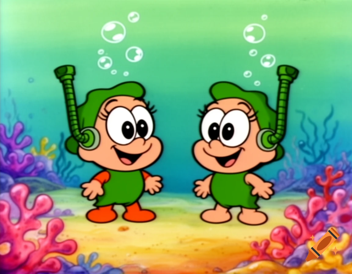 Two cartoon Snorks characters, Allstar and Casey, in green outfits and snorkels, stand underwater with coral and bubbles.