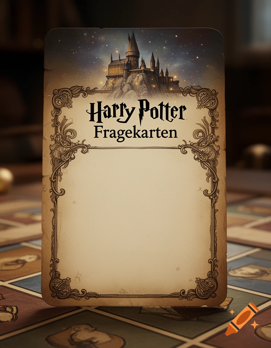 A vintage-style Harry Potter game card featuring Hogwarts castle at night above the title 'Harry Potter Fragekarten'.