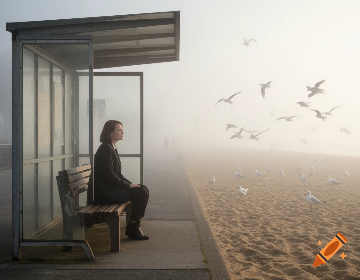 A woman sits at a bus stop on a misty beach, surrounded by flying and resting seagulls.