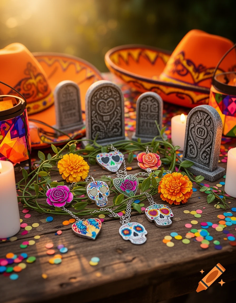 A wooden table decorated with colorful Day of the Dead skull and heart necklaces, gravestones, candles, paper confetti, and Mexican sombreros.