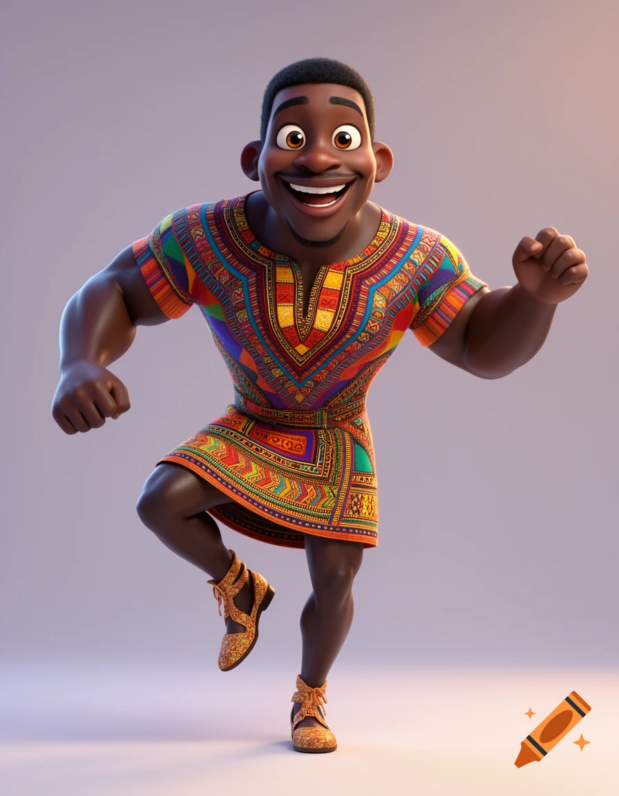 A happy, muscular Black 3D cartoon man dancing in colorful traditional African clothing and matching shoes.