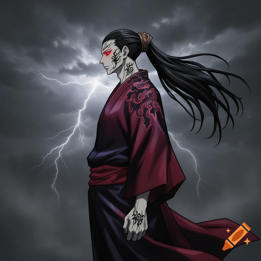 Anime-style dark-haired man with red eyes and tribal tattoos in a red kimono against a stormy, lightning-filled sky.