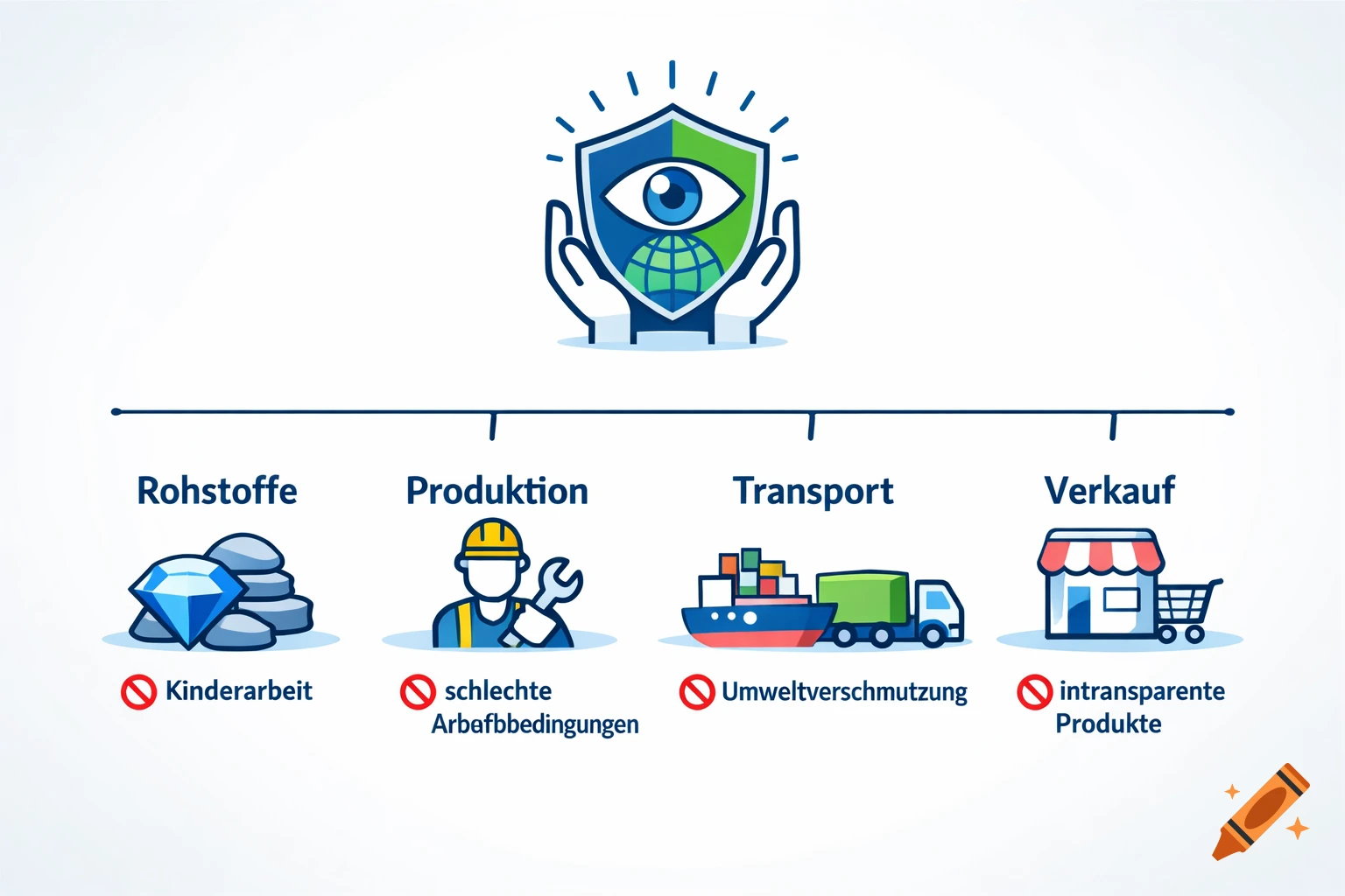 An infographic showing a supply chain from raw materials to sale, with icons for ethical and environmental issues like child labor, poor working conditions, pollution, and non-transparent products.