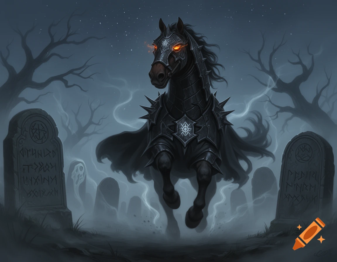 A dark armored war horse with glowing orange eyes gallops through a misty, spooky graveyard with ancient gravestones and bare trees at night, in a fantasy art style.