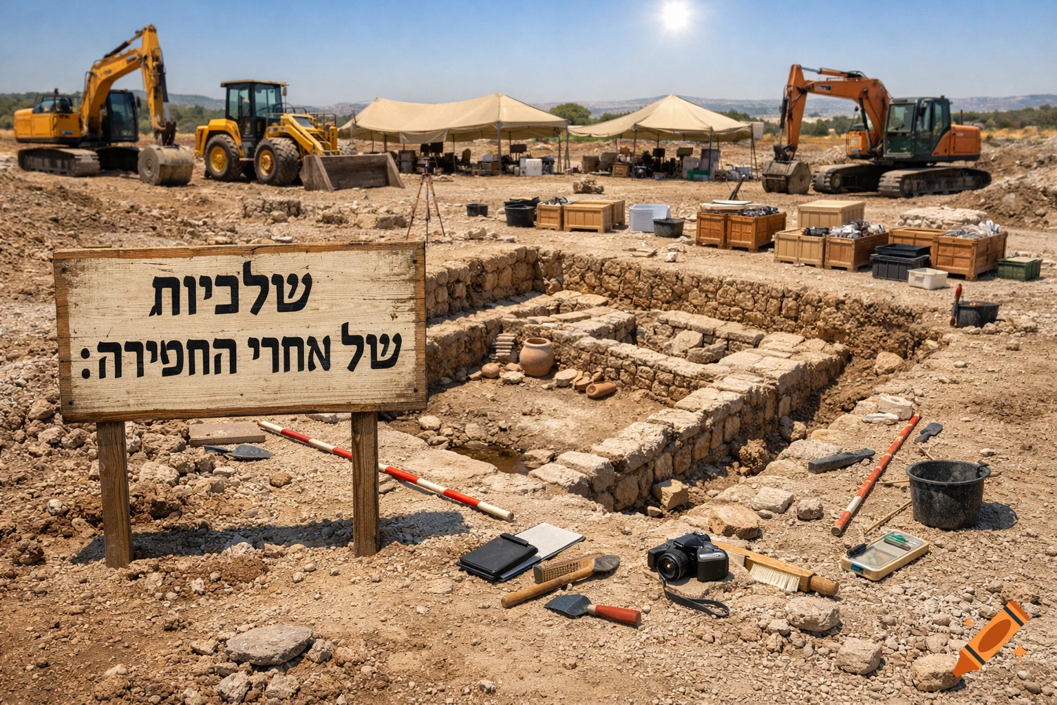 A photorealistic archaeological excavation site with heavy machinery, tents, ancient stone ruins, and tools under a sunny sky. A sign displays Hebrew text.