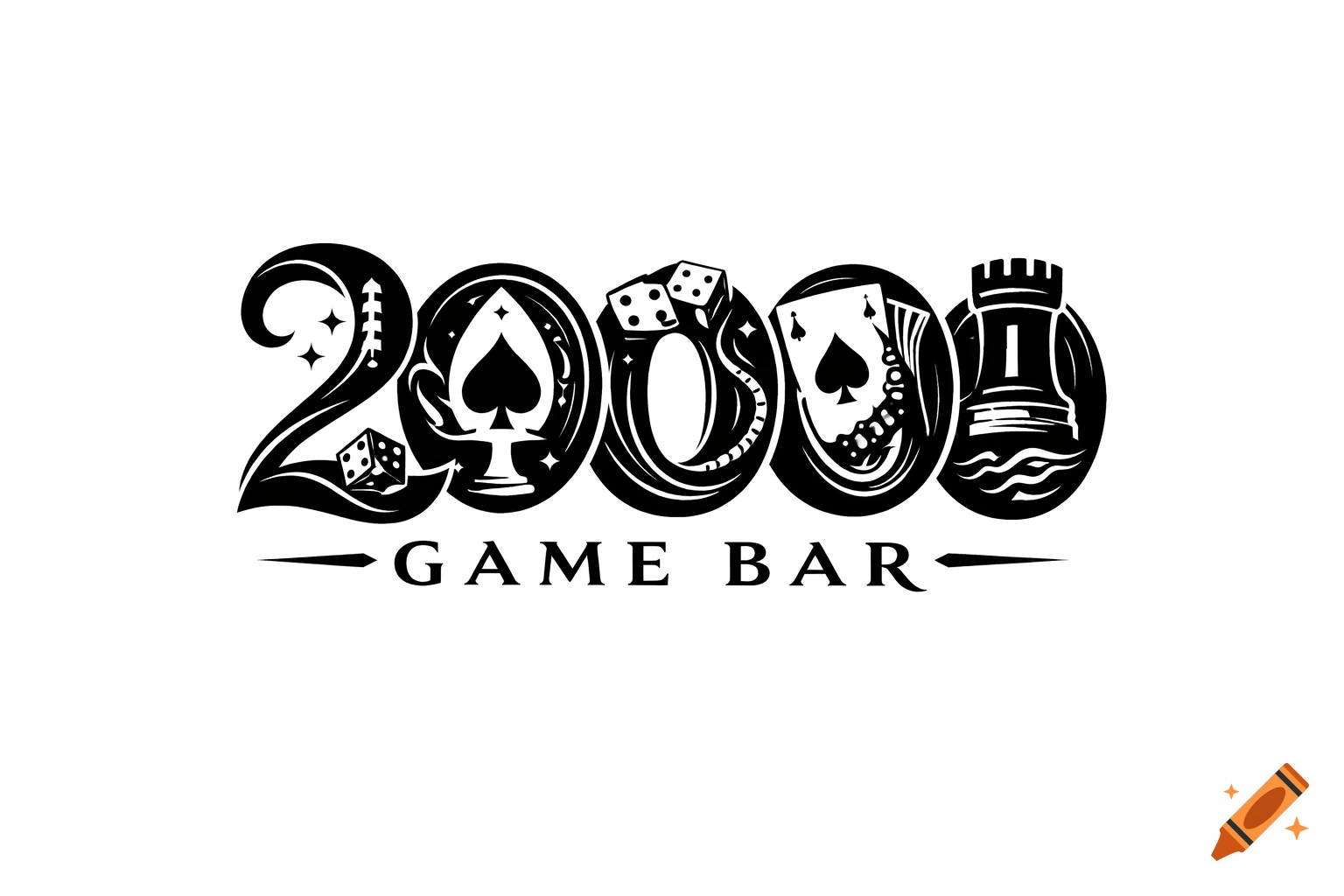 A black and white logo for "20000 GAME BAR" featuring playing cards, dice, and a chess rook integrated into the numbers.
