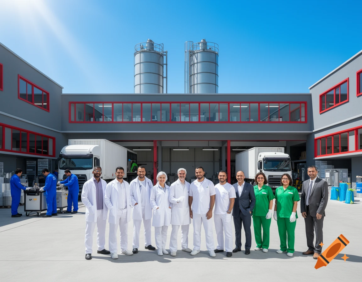 Diverse employees in varied uniforms and suits pose in front of a modern factory building with silos and trucks.