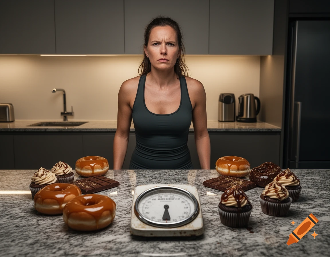 A stern-faced woman in a tank top stands behind a kitchen counter laden with donuts, cupcakes, chocolate, and a weighing scale.