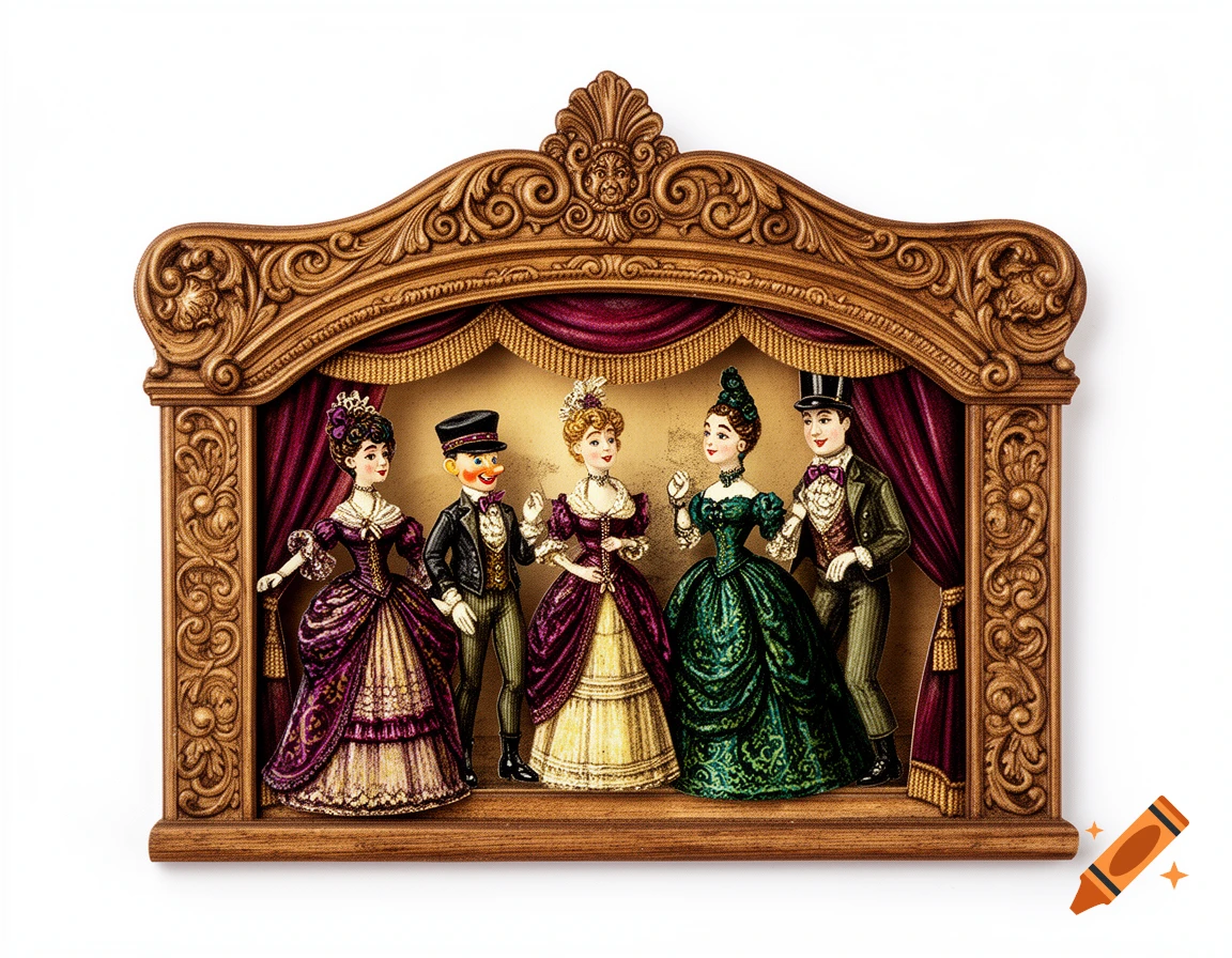 Decoupage illustration of five Victorian-era figures, resembling puppets, posed on an ornate wooden theater stage with red curtains against a white background.